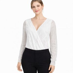 White Textured Wrap-Front Long-Sleeve Bodysuit